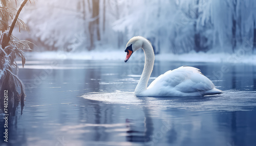 Lonely white swan in the lake in winter