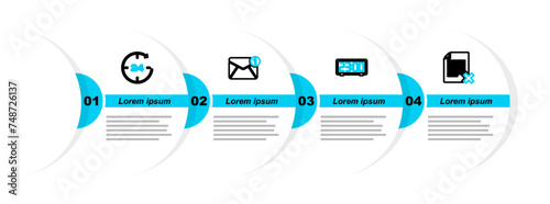 Set line Delete file document, Digital alarm clock, New, email incoming message and Clock 24 hours icon. Vector