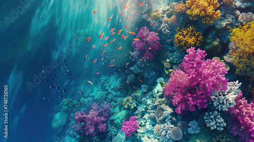 An underwater view showcasing a vibrant and diverse coral reef teeming with marine life and colorful corals