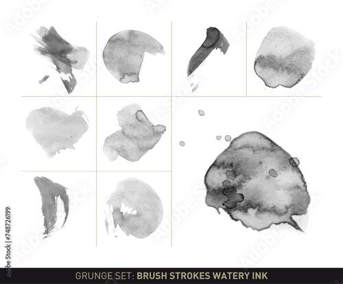 Grunge set: Brush strokes watery ink in grayscale vectorized