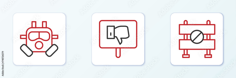 Set line Road barrier, Gas mask and Protest icon. Vector