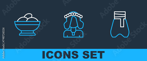 Set line Cossack pants, Varenyky in bowl and Ukrainian woman icon. Vector