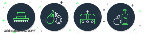 Set line Castanets, Crown of spain, Spanish hat and Apple cider bottle icon. Vector