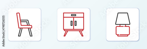 Set line Table lamp, Armchair and Chest of drawers icon. Vector