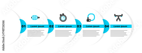 Set line Bicycle handlebar, lock, Stopwatch and pedal icon. Vector