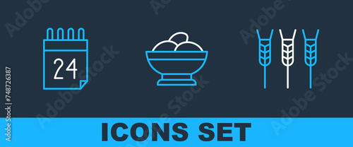 Set line Wheat, Independence day of Ukraine and Varenyky bowl icon. Vector