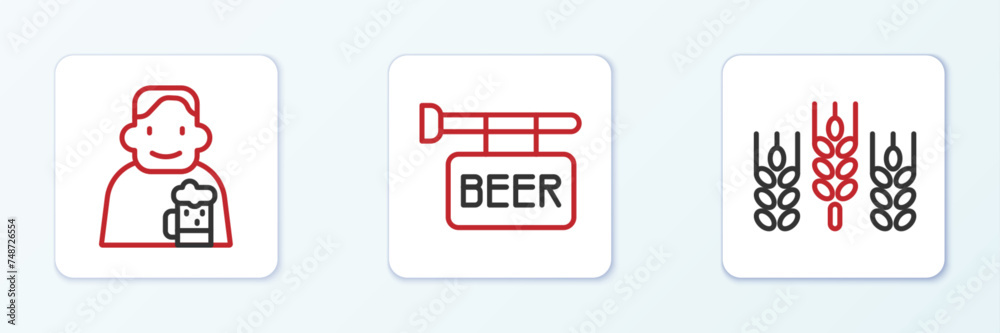 Set line Wheat, Happy man with beer and Street signboard Beer icon. Vector Set line Wheat, Happy man with beer and Street signboard Beer icon. Vector
