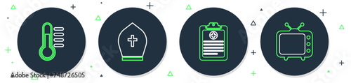 Set line Pope hat, Clinical record, Thermometer and Television tv icon. Vector