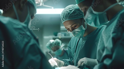 surgeons working in operating room performing plastic surgery procedure for breast implant, professional team of doctors in scrubs at surgical operation theater photo