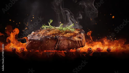 Hot grilled meat with fire and smoke and spices