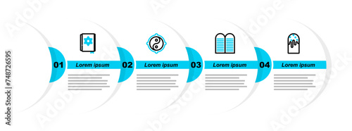 Set line Easter cake, The commandments, Yin Yang and Jewish torah book icon. Vector