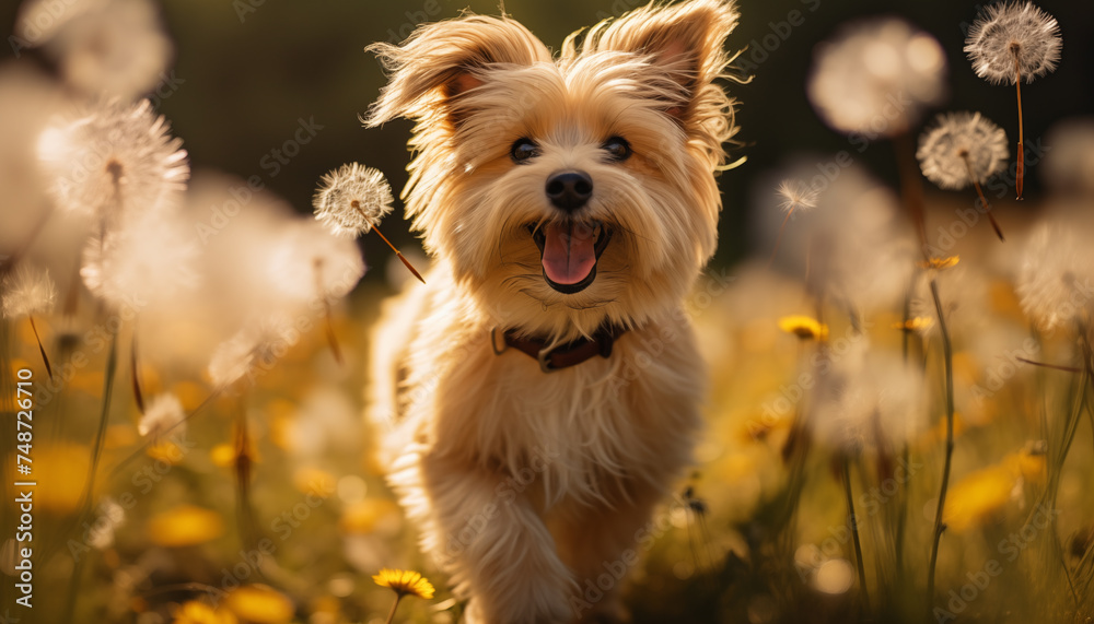 happy dog runs through a field of dandelions in the sunlight. 