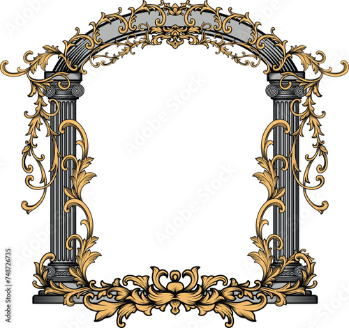Antique stone greek arch, Portal, pillar, column architectural element with baroque, filigree, engraving, calligraphic ornament. Vintage frame vector illustration isolated on transparent background.