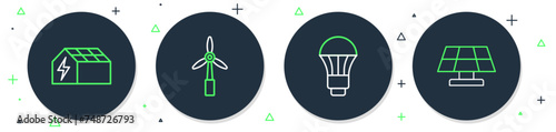 Set line Wind turbine, LED light bulb, Solar energy panel and icon. Vector