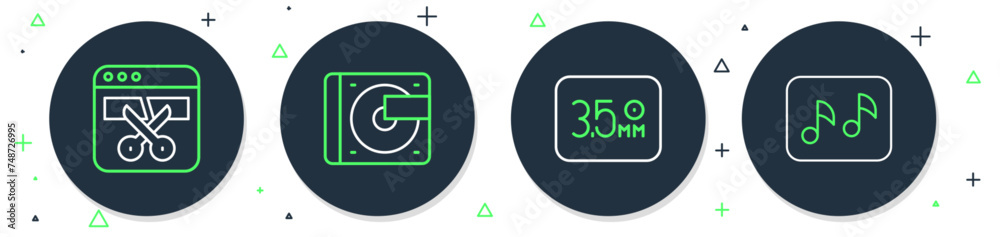 Set line Vinyl player with vinyl disk, Audio jack, Video recorder or editor and Music note, tone icon. Vector Set line Vinyl player with vinyl disk, Audio jack, Video recorder or editor and Music note, tone icon. Vector