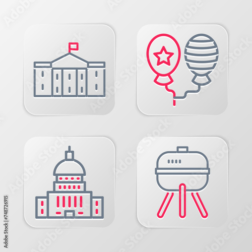 Set line Barbecue grill, White House, Balloons and United States Capitol Congress icon. Vector