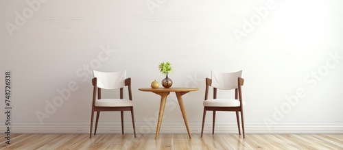 Two wooden chairs are placed on a wooden floor beside a dining table in a room with a white wall. The chairs and table are simple in design, creating a minimalist and functional setting.