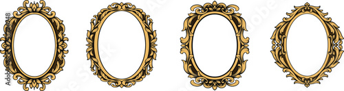 Set of gold oval vintage frames with classic engraving ornament. Swirl, flourish, victorian, damask, arabesque, filigree floral element border frame collection vector illustration