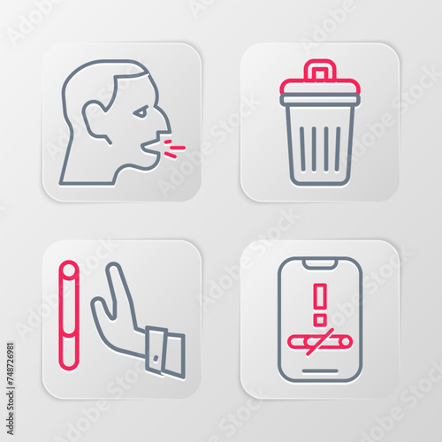 Set line No smoking, Giving up cigarette, Trash can and Man coughing icon. Vector