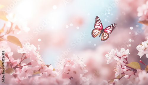 Butterfly and blossoming tree, sakura and apple tree