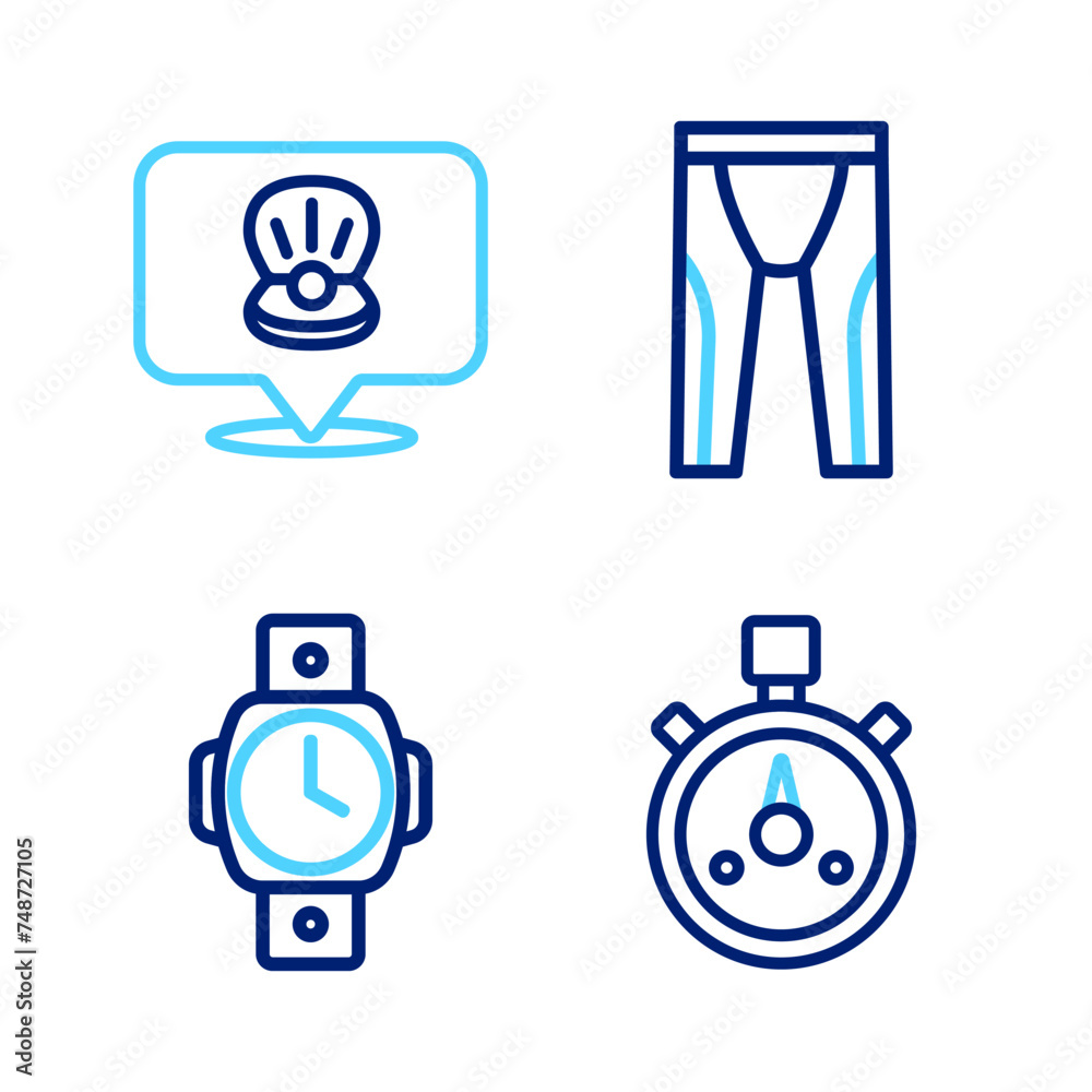 Set line Stopwatch, Diving, Wetsuit for scuba diving and Scallop sea shell icon. Vector Set line Stopwatch, Diving, Wetsuit for scuba diving and Scallop sea shell icon. Vector