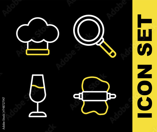 Set line Frying pan, Rolling pin on dough, Wine glass and Chef hat icon. Vector