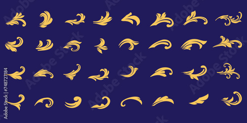 Set of golden Baroque Flourishes Calligraphic Ornaments. Filigree elegant ornamental. Gold Vintage Decorations Elements. Damask, victorian, floral leaf pattern.