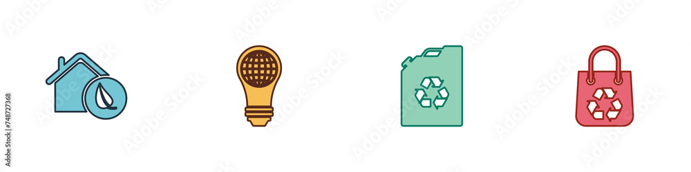 Set Eco friendly house, Light bulb with world globe, fuel canister and Shopping bag recycle icon. Vector Set Eco friendly house, Light bulb with world globe, fuel canister and Shopping bag recycle icon. Vector