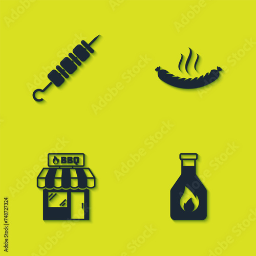 Set Grilled shish kebab, Ketchup bottle, Barbecue shopping building and Sausage icon. Vector