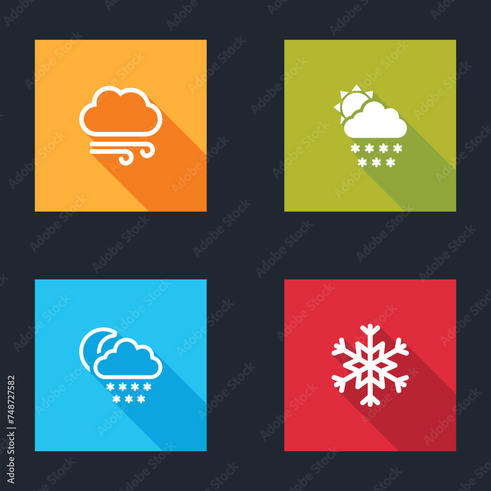 Set Windy weather, Cloud with snow and sun, moon and Snowflake icon. Vector