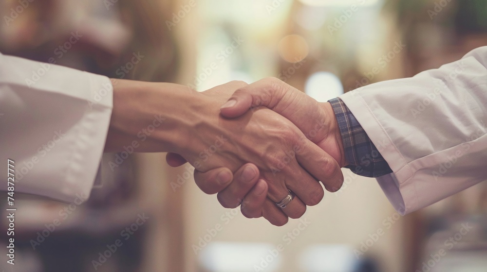 patient and doctor handshake after consultation in cabinet showcasing healthcare trust and medical treatment