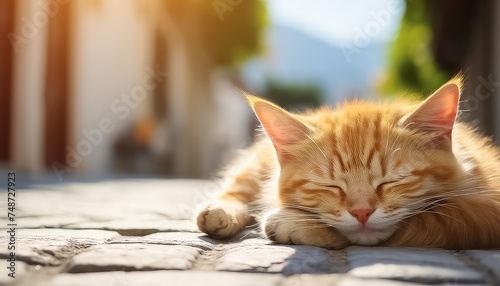 Ginger cat sleeping outdoors in summer on the road