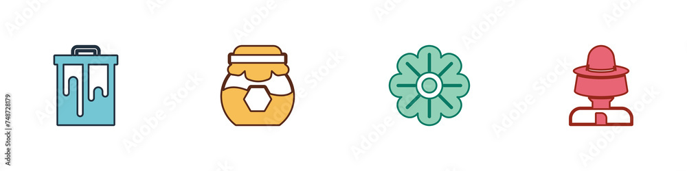 Set Honeycomb, Jar of honey, Flower and Beekeeper with protect hat icon. Vector