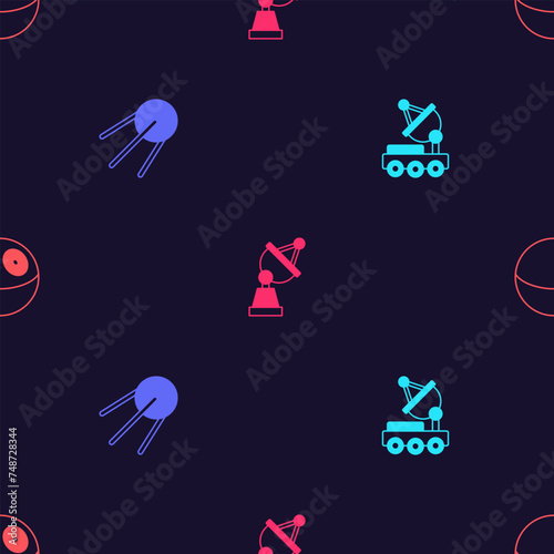 Set Mars rover, Satellite, dish and Planet on seamless pattern. Vector