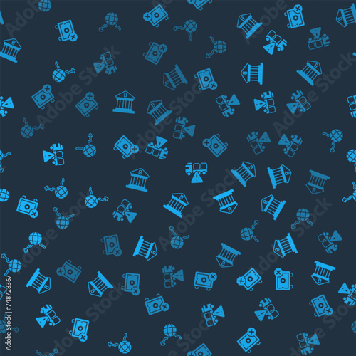 Set Safe, Bank building, Stop delivery cargo truck and Global economic crisis on seamless pattern. Vector