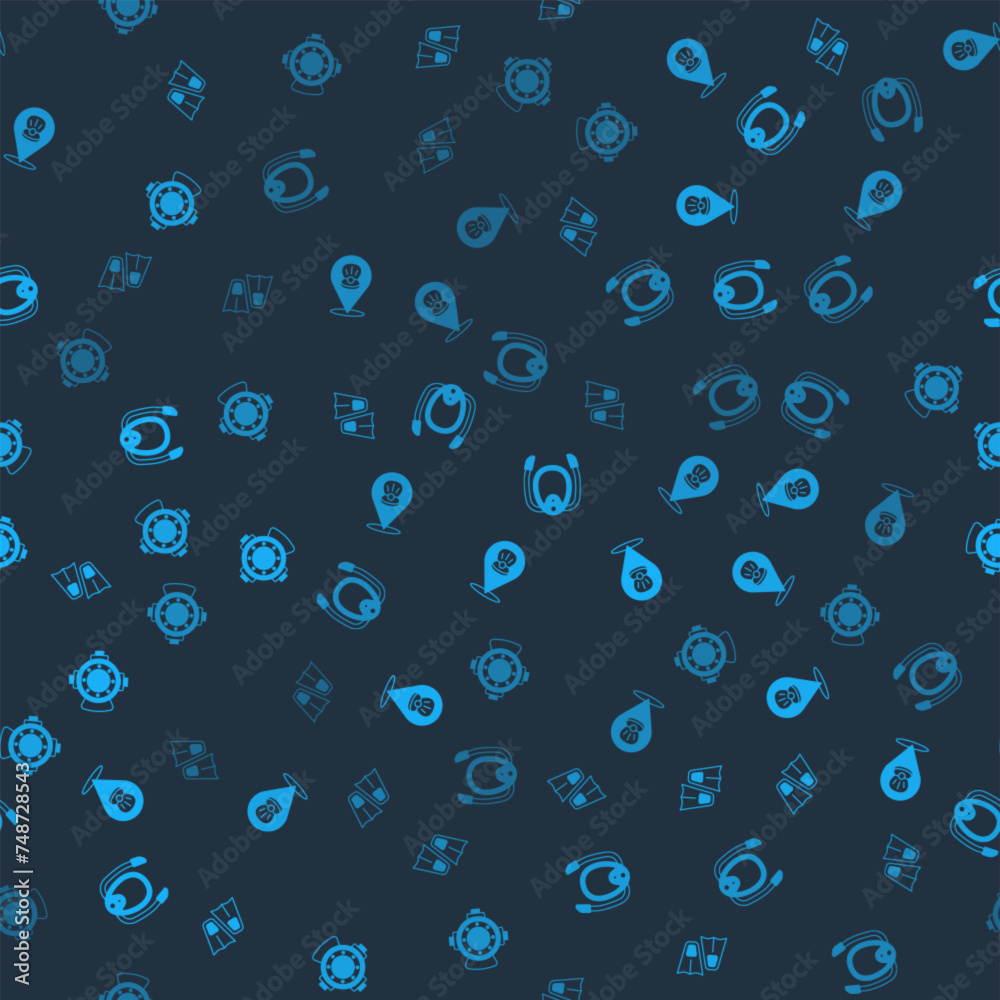 Set Flippers for swimming, Scallop sea shell, Diving mask with snorkel and Aqualung on seamless pattern. Vector Set Flippers for swimming, Scallop sea shell, Diving mask with snorkel and Aqualung on seamless pattern. Vector