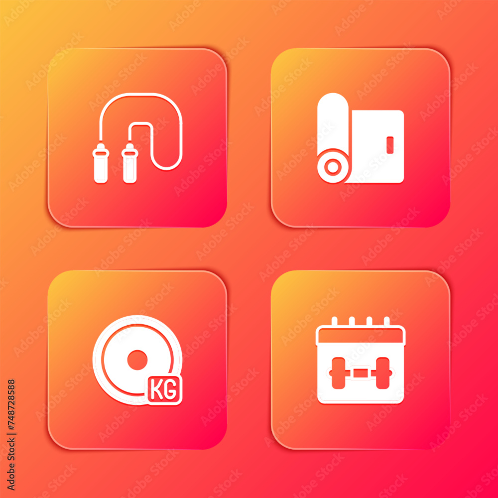 Set Jump rope, Fitness mat roll, Weight plate and Calendar fitness icon. Vector Set Jump rope, Fitness mat roll, Weight plate and Calendar fitness icon. Vector