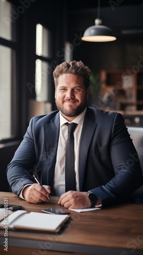 Plus sized  business man posing in his office. © Spyrydon
