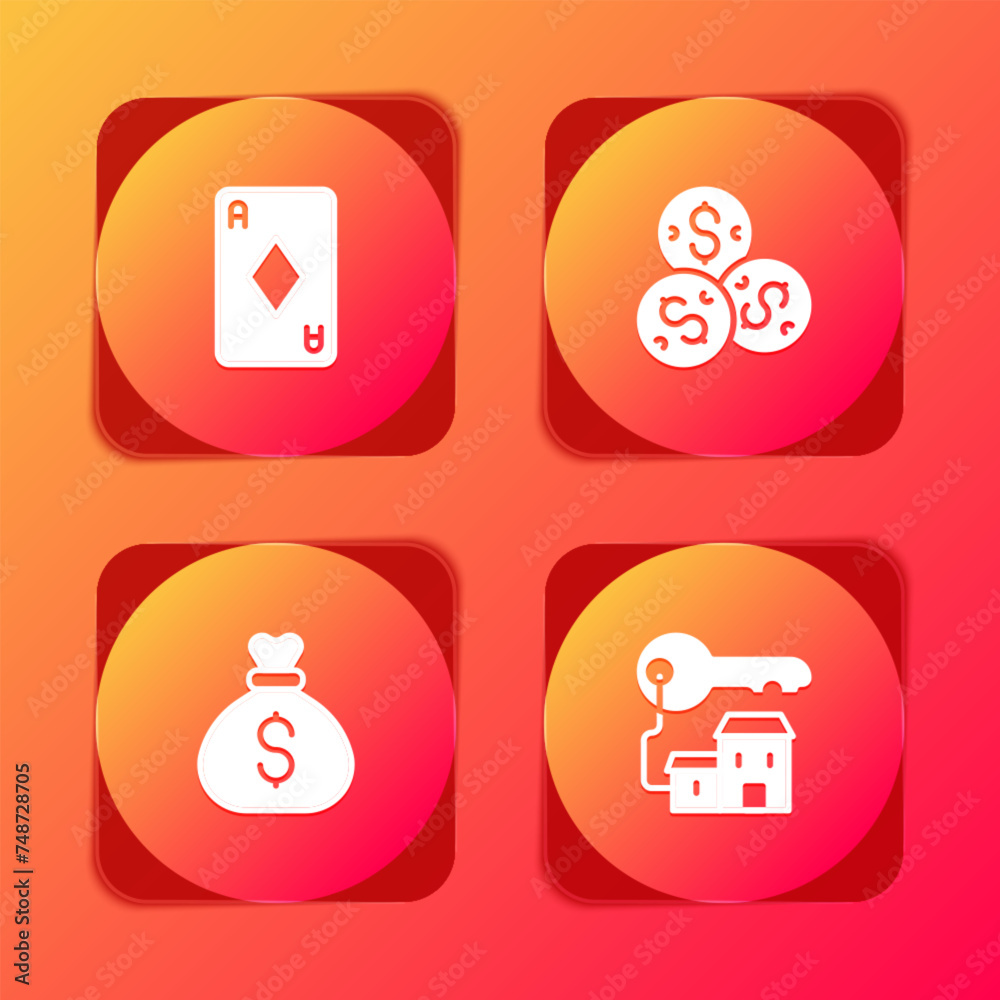 Set Playing card with diamonds, Casino chip dollar, Money bag and Winning house key icon. Vector Set Playing card with diamonds, Casino chip dollar, Money bag and Winning house key icon. Vector