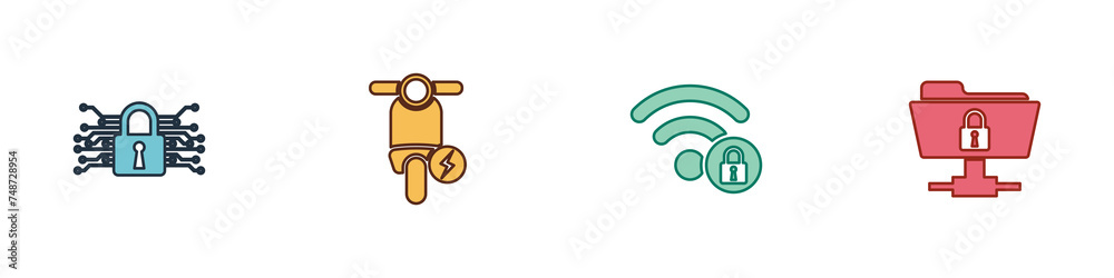 Set Cyber security, Electric scooter, Wifi locked and FTP folder and icon. Vector Set Cyber security, Electric scooter, Wifi locked and FTP folder and icon. Vector