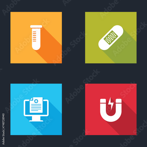 Set Test tube or flask, Bandage plaster, Clinical record on monitor and Magnet with lightning icon. Vector