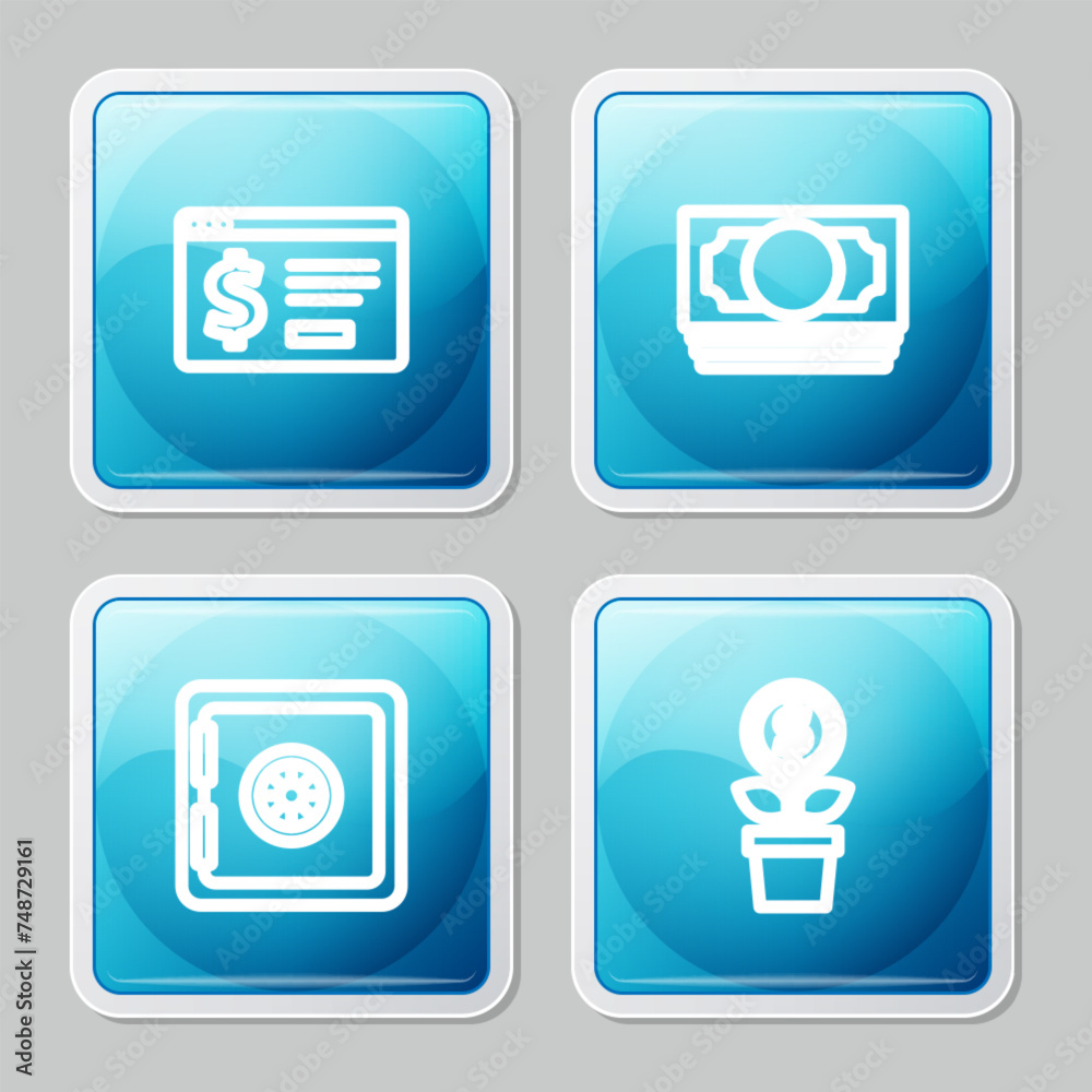 Set line Online banking with dollar, Stacks paper money cash, Safe and Dollar plant icon. Vector Set line Online banking with dollar, Stacks paper money cash, Safe and Dollar plant icon. Vector