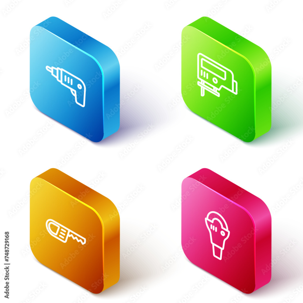 Set Isometric line Electric cordless screwdriver, jigsaw, Reciprocating and Angle grinder icon. Vector Set Isometric line Electric cordless screwdriver, jigsaw, Reciprocating and Angle grinder icon. Vector