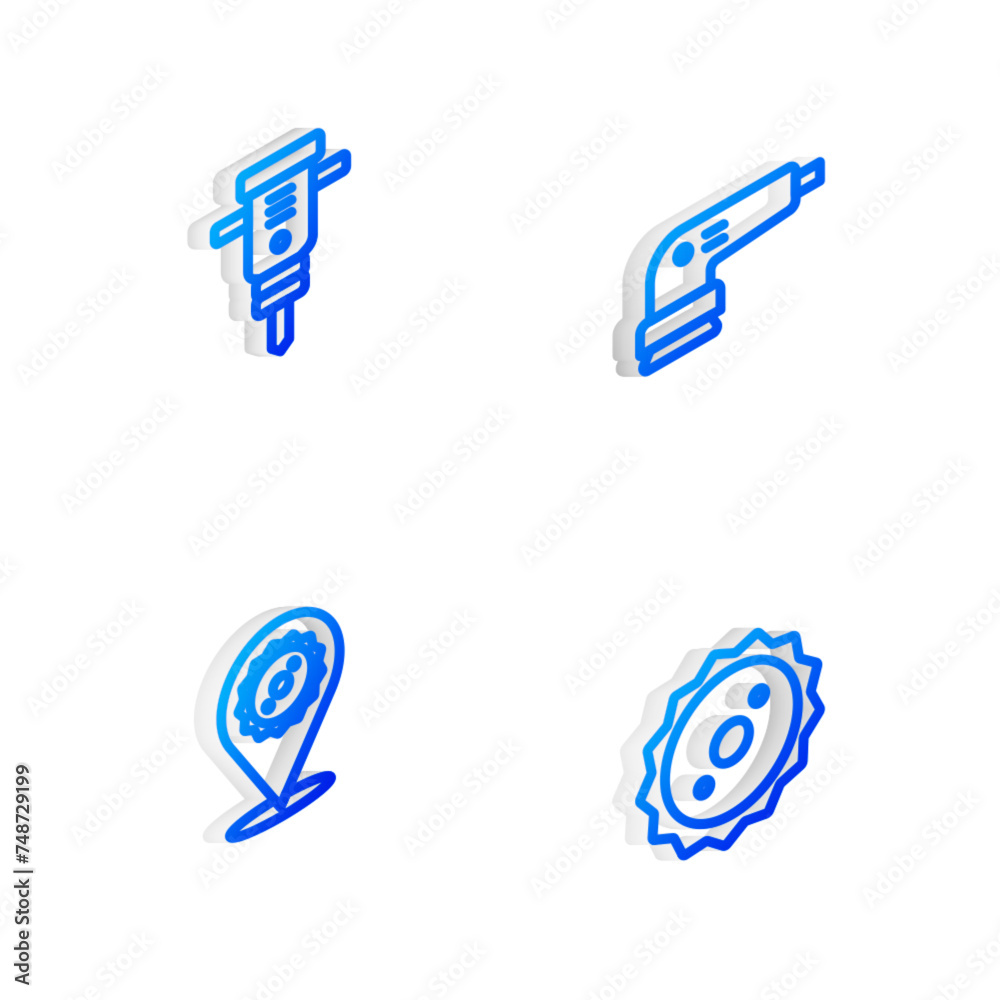 Set Isometric line Electric sander, Construction jackhammer, Circular saw blade and icon. Vector Set Isometric line Electric sander, Construction jackhammer, Circular saw blade and icon. Vector