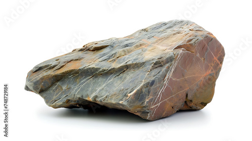 Large, angular rock with a flat base isolated on a white background. The rock is a dark gray color with some lighter gray and brown areas.