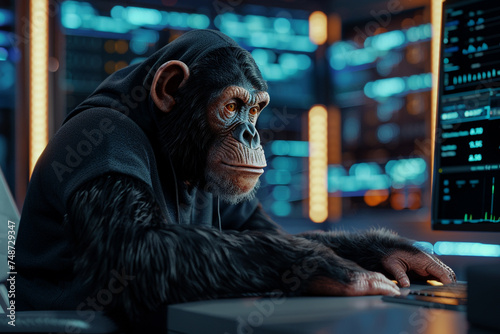 computer, fast network, analysis program monitor background, smart chimpanzee wearing hodie becomes network anti-crime program engineer, dark background 3D render 