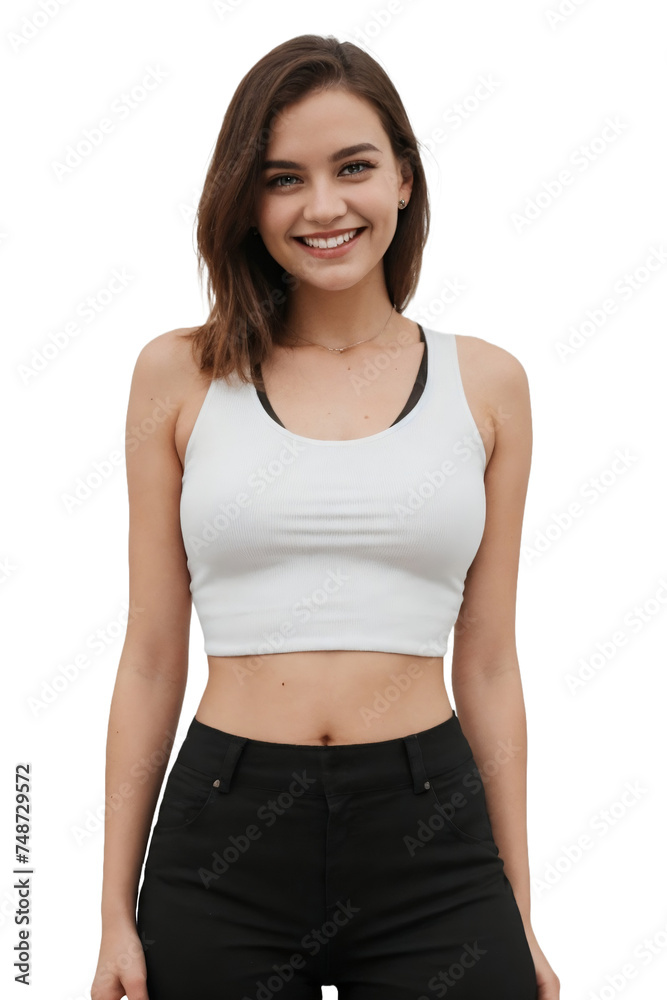 Trendy woman wearing a cropped tank top shirt, posing on a transparent background. isolated, transparent background, no background. PNG. Trendy woman wearing a cropped tank top shirt, posing on a transparent background. isolated, transparent background, no background. PNG.