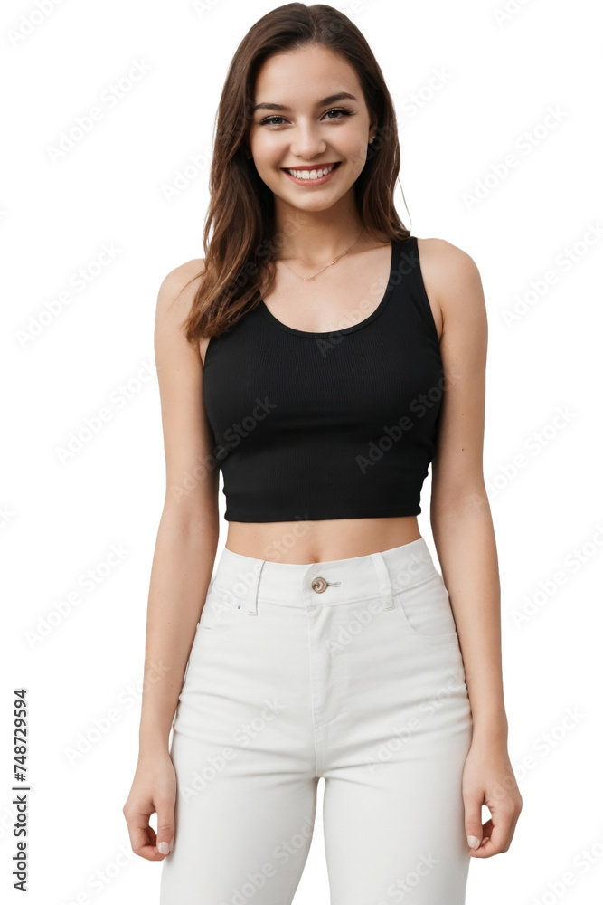 Trendy woman wearing a cropped tank top shirt, posing on a transparent background. isolated, transparent background, no background. PNG. Trendy woman wearing a cropped tank top shirt, posing on a transparent background. isolated, transparent background, no background. PNG.