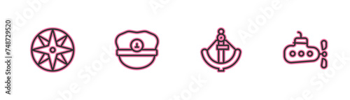Set line Wind rose, Anchor, Captain hat and Submarine icon. Vector