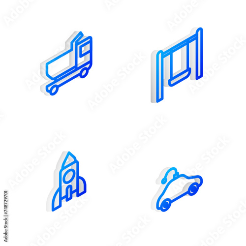 Set Isometric line Swing, Toy truck, Rocket ship toy and Radio controlled car icon. Vector